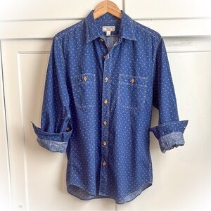 Denim Colored Casual Button Down Shirt with Orange Buttons & Small print design